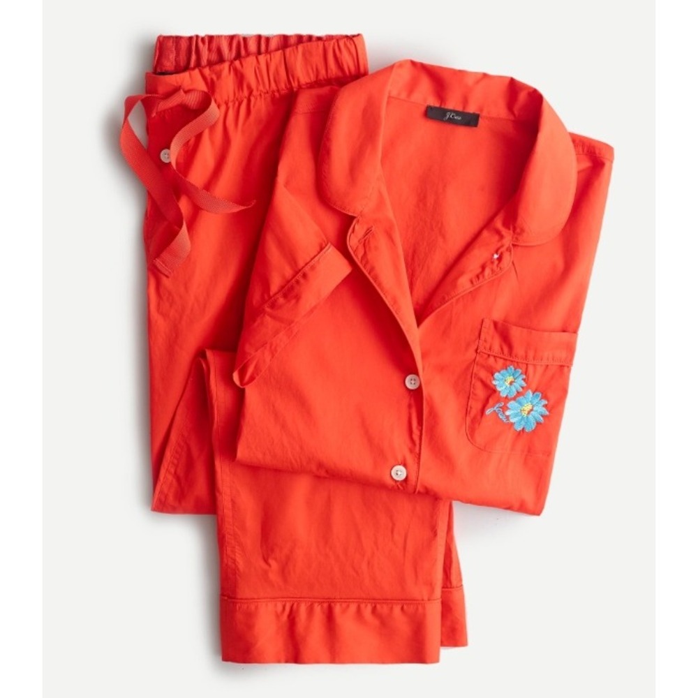 J.Crew Pajama Set Womens Large Orange Cotton Floral Embroidered‎